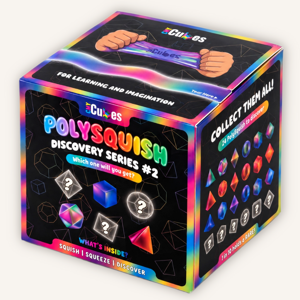 Official CMY Cubes PolySquish Mystery Series 2 collectible sensory squishy box with surprise colour and rare variants to discover.
