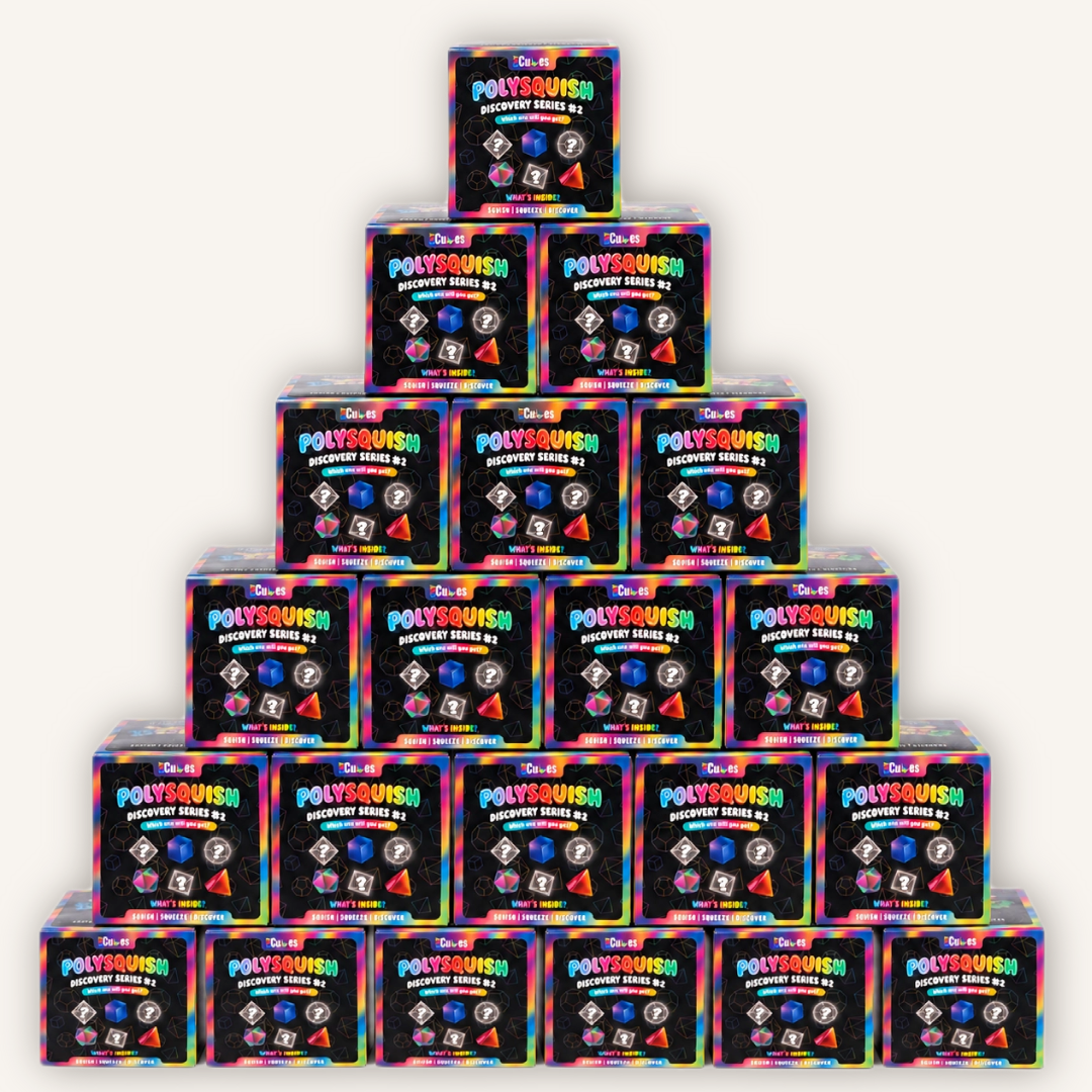 Official CMY Cubes PolySquish Mystery Series 2 retail display featuring multiple collectible mystery sensory squishy boxes.