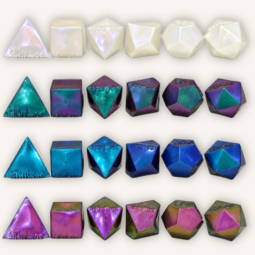 CMY Cubes PolySquish Series 2 collection showing translucent jewel tones, colour-shifting finishes and collectible sensory squishy shapes.