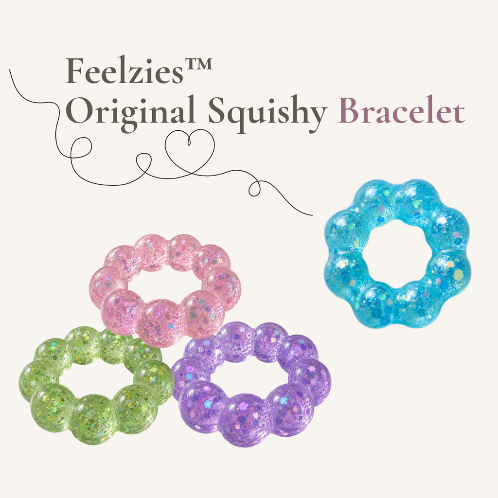 Feelzies Original Squishy Bracelets shown in assorted purple, pink, green and blue colours, wearable sensory fidget bracelets with a soft squishy feel.