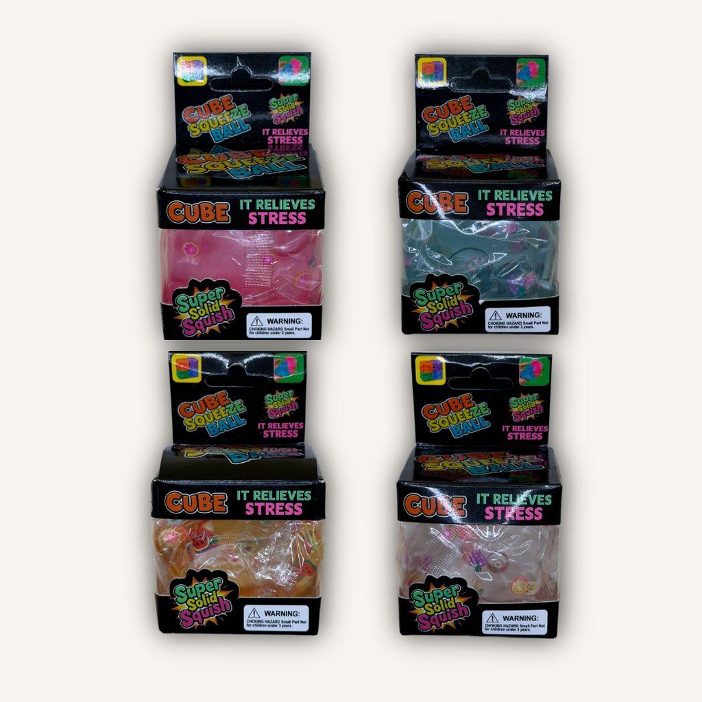Fruit filled squishy cube sensory toy packaging showing assorted product designs and package details.