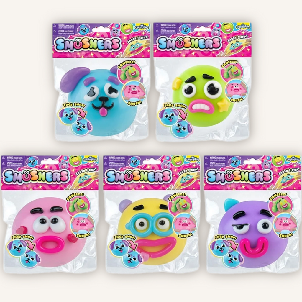 ORB Curiosities Smushers packaged stretchy sensory fidget toy featuring a soft, satisfying tactile squish and randomly selected character.