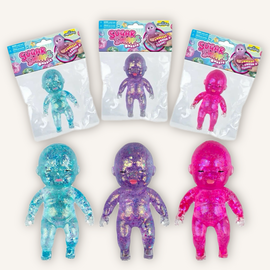 ORB Sugar Swaps Onesies Baby mystery glitter sensory squishy toy in colourful packaging with collectible character design.
