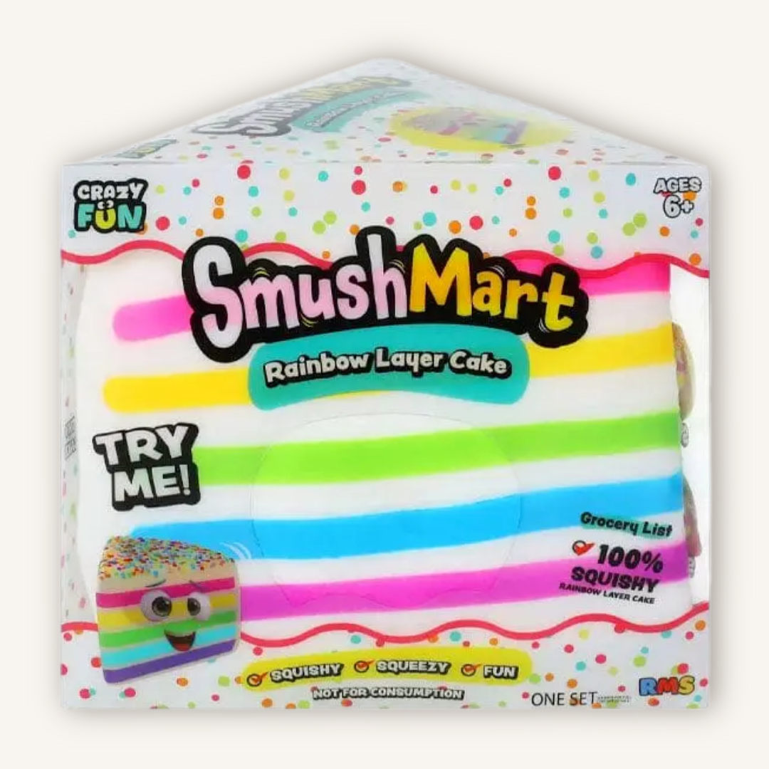 RMS SmushMart Giant Rainbow Cake Slice squishy sensory toy with official SmushMart packaging