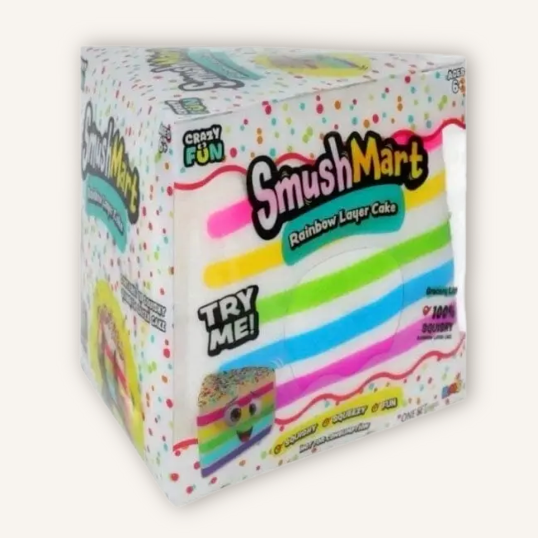 RMS SmushMart Giant Rainbow Cake Slice squishy sensory toy with official SmushMart packaging