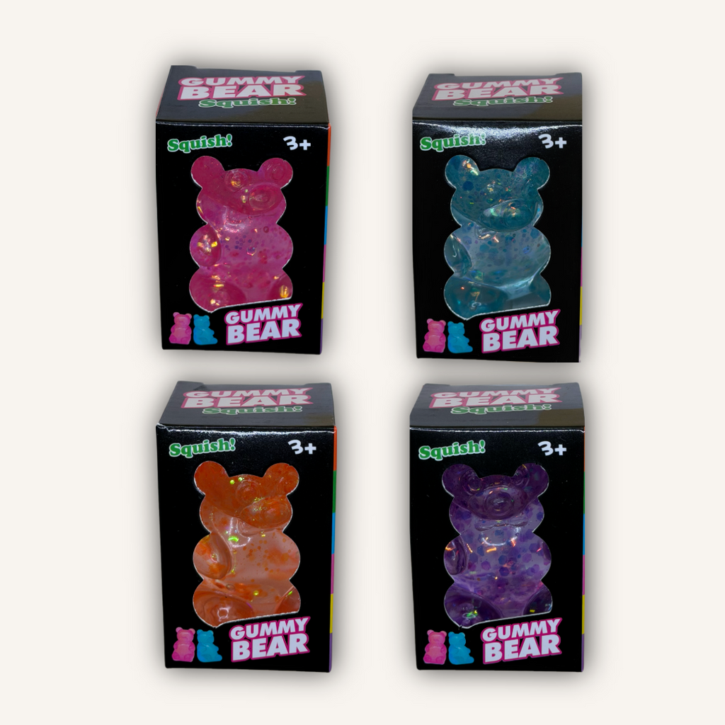 Sparkle Bear gel squishy sensory toys in assorted colourful glitter designs with a soft squeezable texture.
