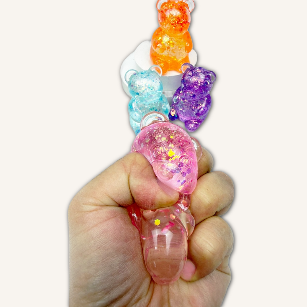 Cute Sparkle Bear gel sensory squishy with glitter for fidgeting, relaxation, and calming tactile play.