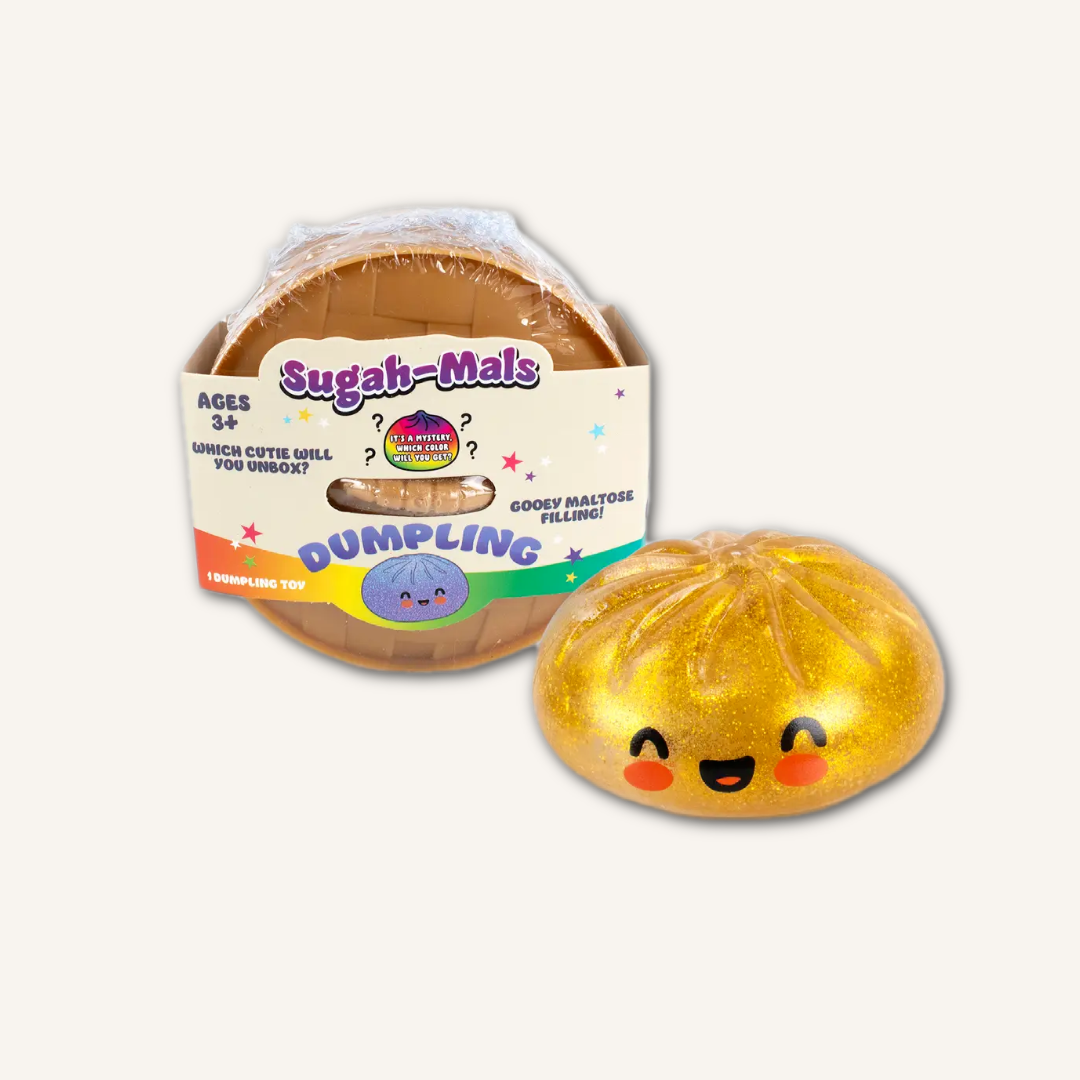 Sugah-Mals™ Mystery Glitter Dumpling Squishy sensory toy with gooey maltose filling, soft dough-like texture, and 8 mystery colours to collect for stress relief and sensory play.