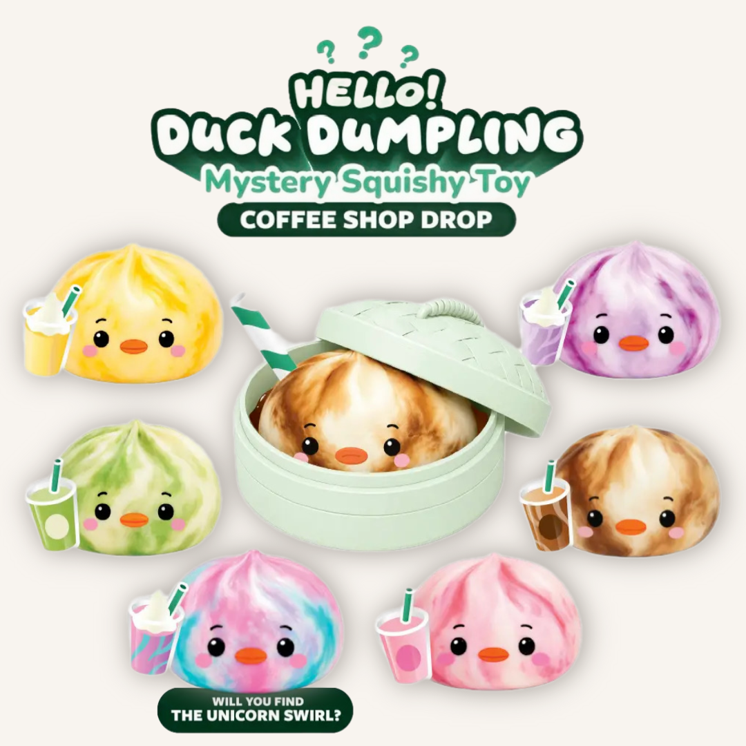 Official Top Trenz Hello! Duck Dumpling Coffee Shop Drop collection showing colourful mystery sugar-filled squishy characters.
