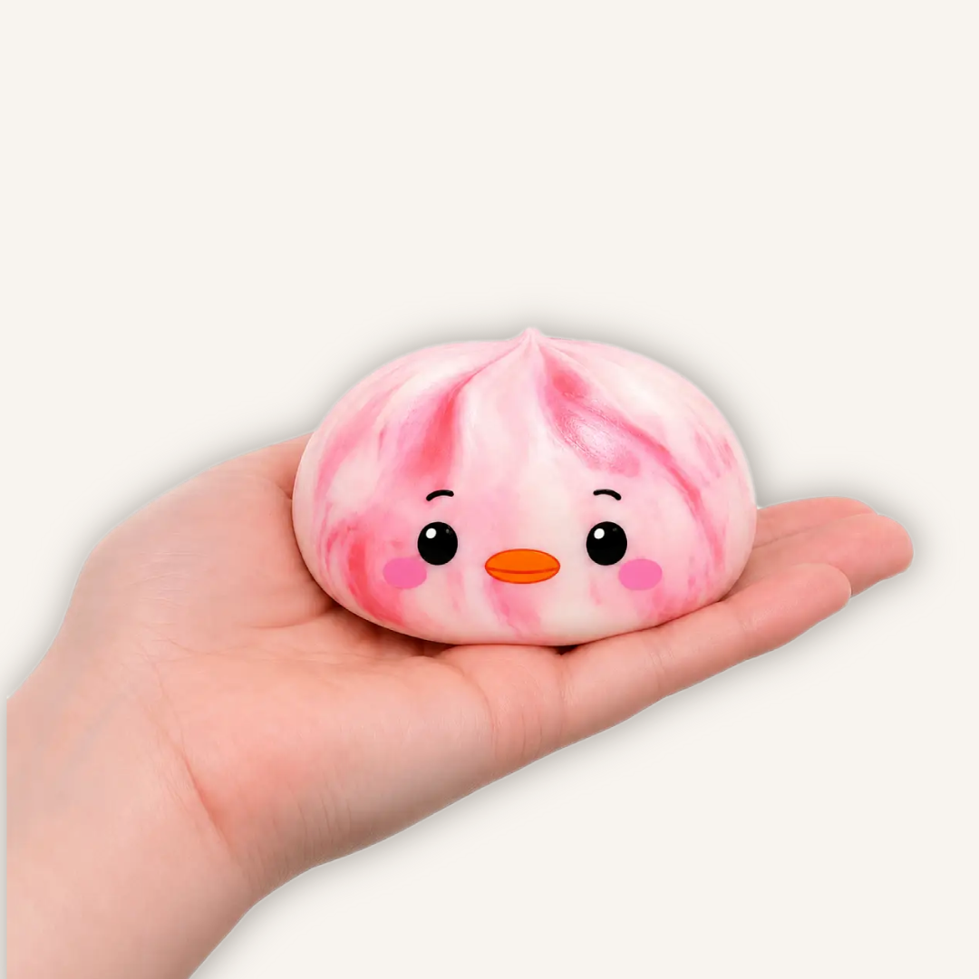 Pink Top Trenz Hello! Duck Dumpling Coffee Shop mystery squishy featuring a soft slow-rising texture and sugar filling.