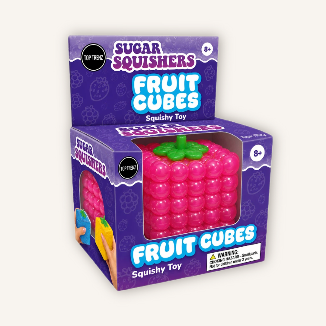 Official Top Trenz Super Duper Sugar Squisher Fruit Cubes packaged sensory squishy toy with soft sugar gel filling.