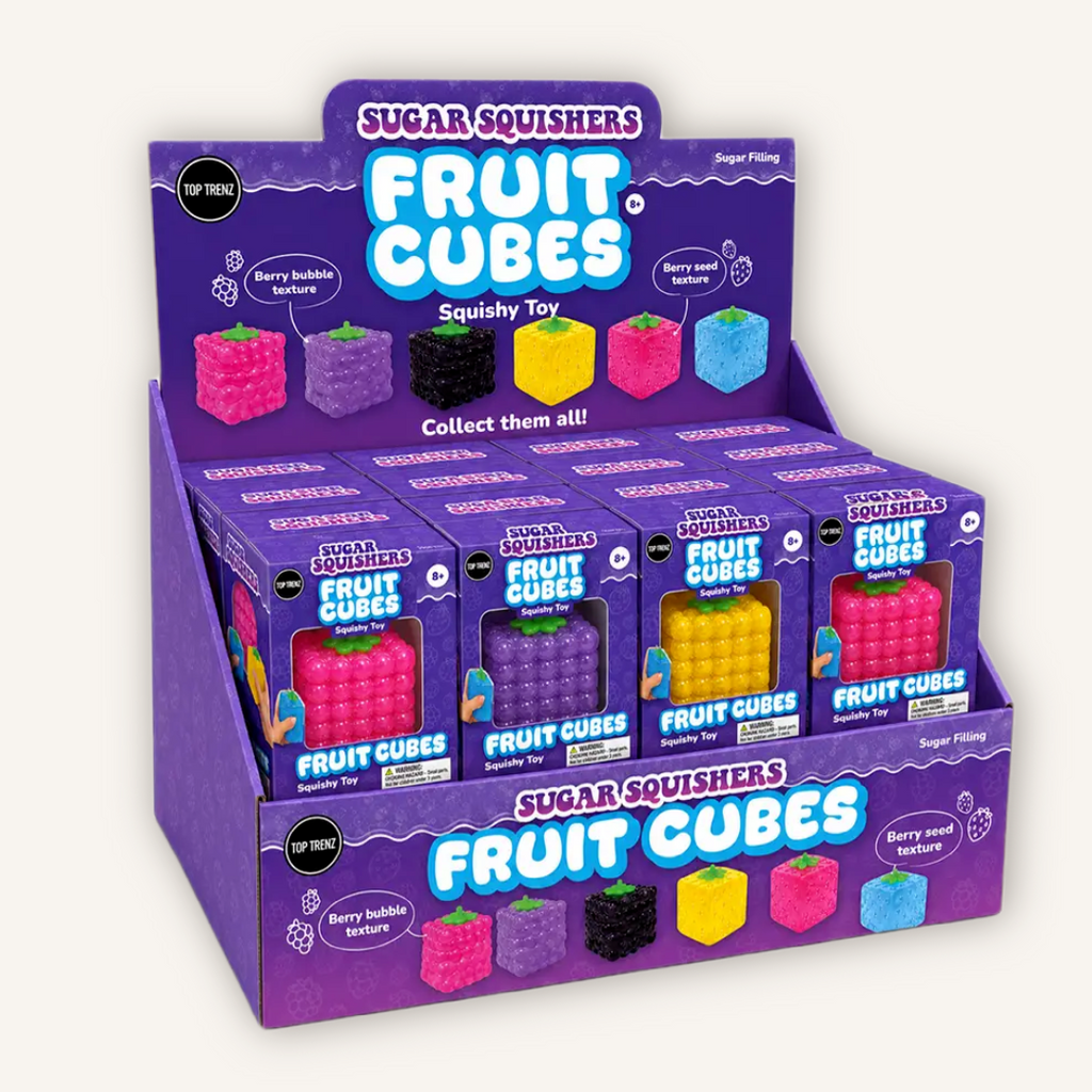 Official Top Trenz Super Duper Sugar Squisher Fruit Cubes retail display featuring colourful textured sensory squishies with soft sugar gel filling.