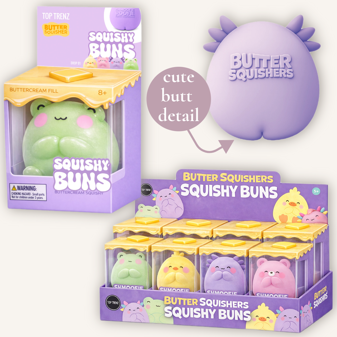 Packaging for Top Trenz Butter Squishers Squishy Buns showing the collectible character squishy toy assortment.
