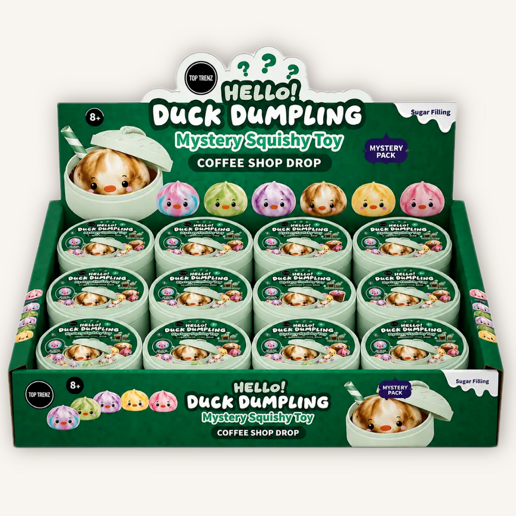 Official Top Trenz Hello! Duck Dumpling Coffee Shop Drop retail display with colourful mystery sugar-filled sensory squishies.