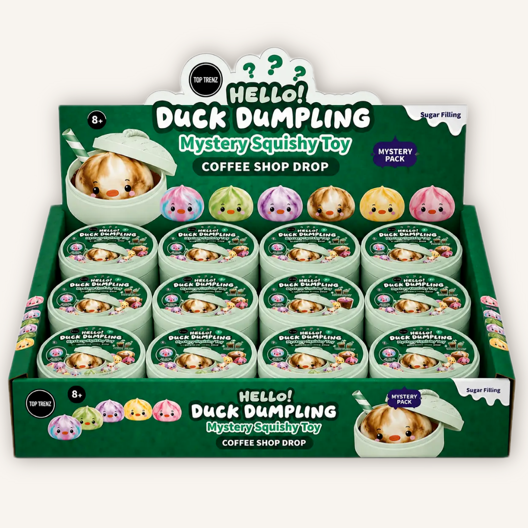 Official Top Trenz Hello! Duck Dumpling Coffee Shop Drop retail display with colourful mystery sugar-filled sensory squishies.