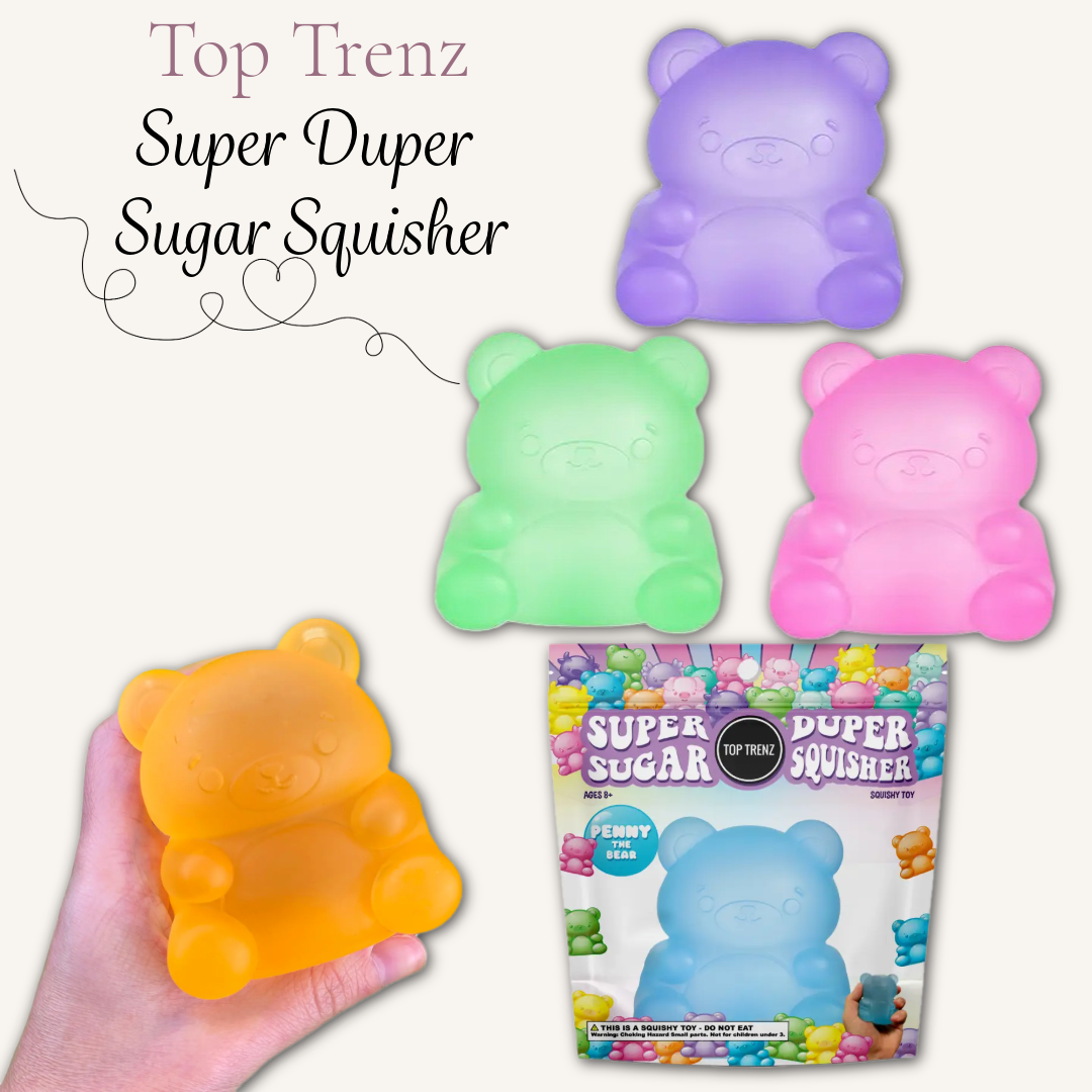 Top Trenz Super Duper Sugar Squisher Bear sensory squishy toy showing available colours and original packaging.