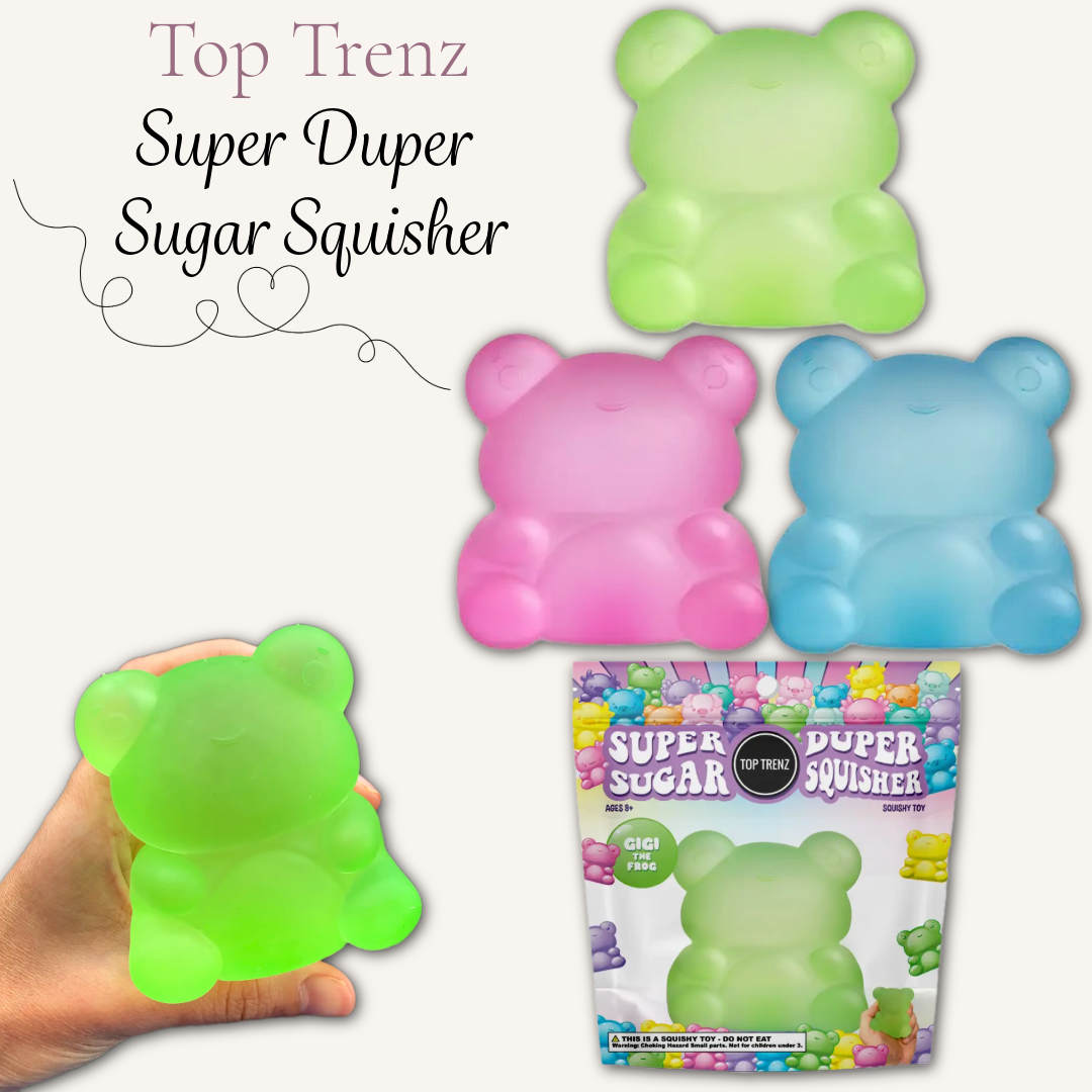 Top Trenz Super Duper Sugar Squisher Frog sensory squishy toy showing available colours and original packaging.