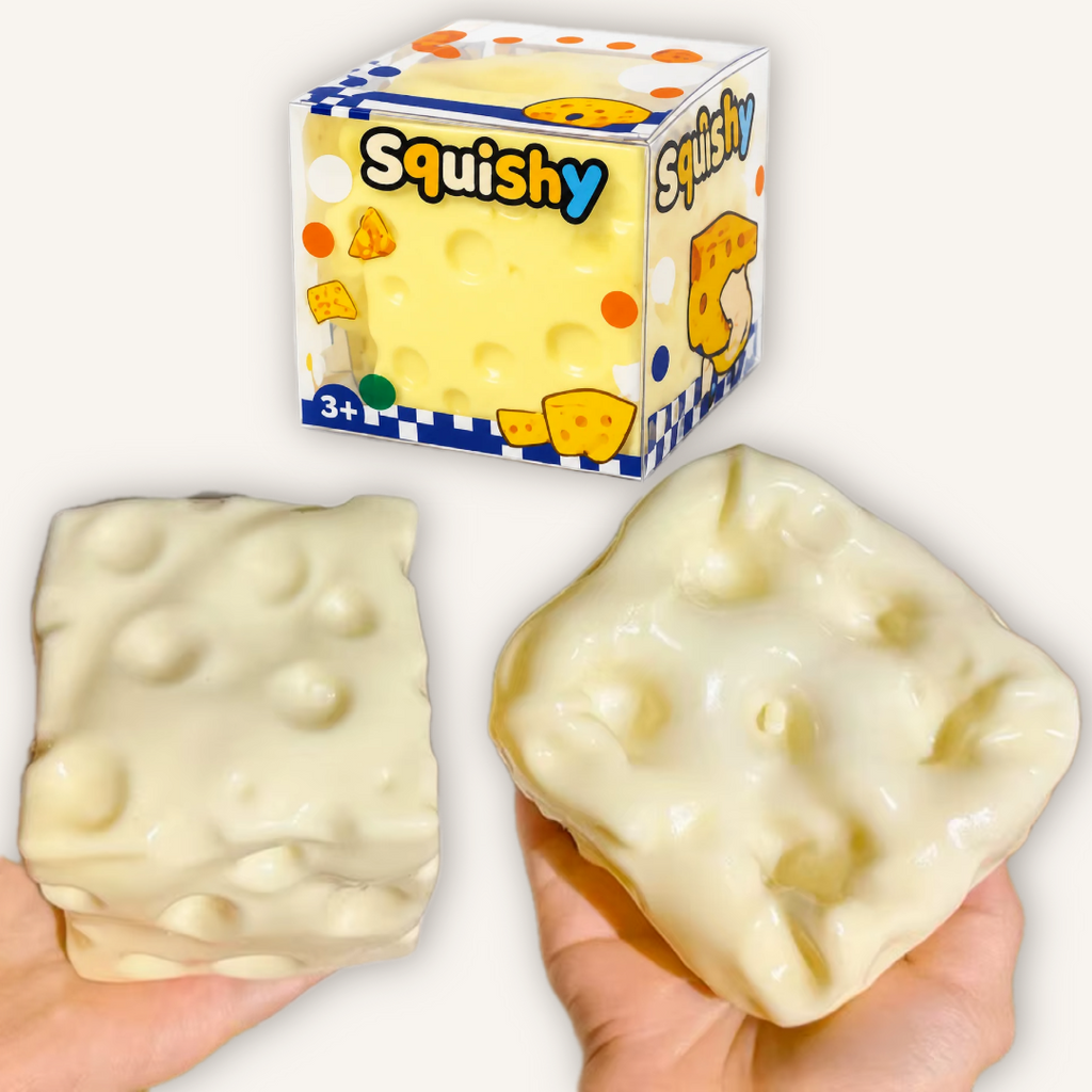 Vaseline-filled cheese zero-rebound squishy shown with packaging, featuring an ultra-soft slow-compressing sensory texture for satisfying tactile play.