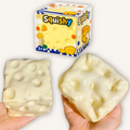 Vaseline-filled cheese zero-rebound squishy shown with packaging, featuring an ultra-soft slow-compressing sensory texture for satisfying tactile play.