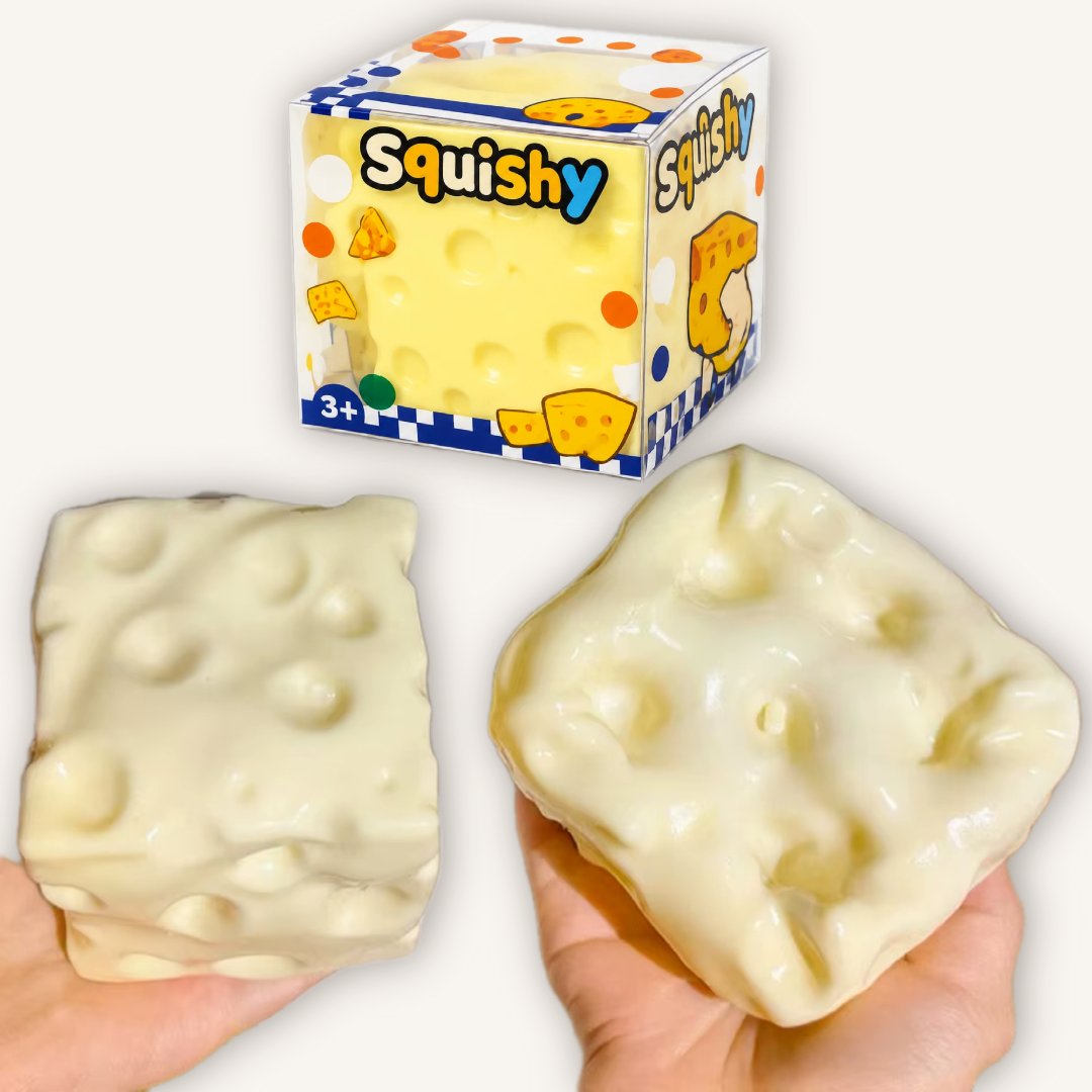Vaseline-filled cheese zero-rebound squishy shown with packaging, featuring an ultra-soft slow-compressing sensory texture for satisfying tactile play.