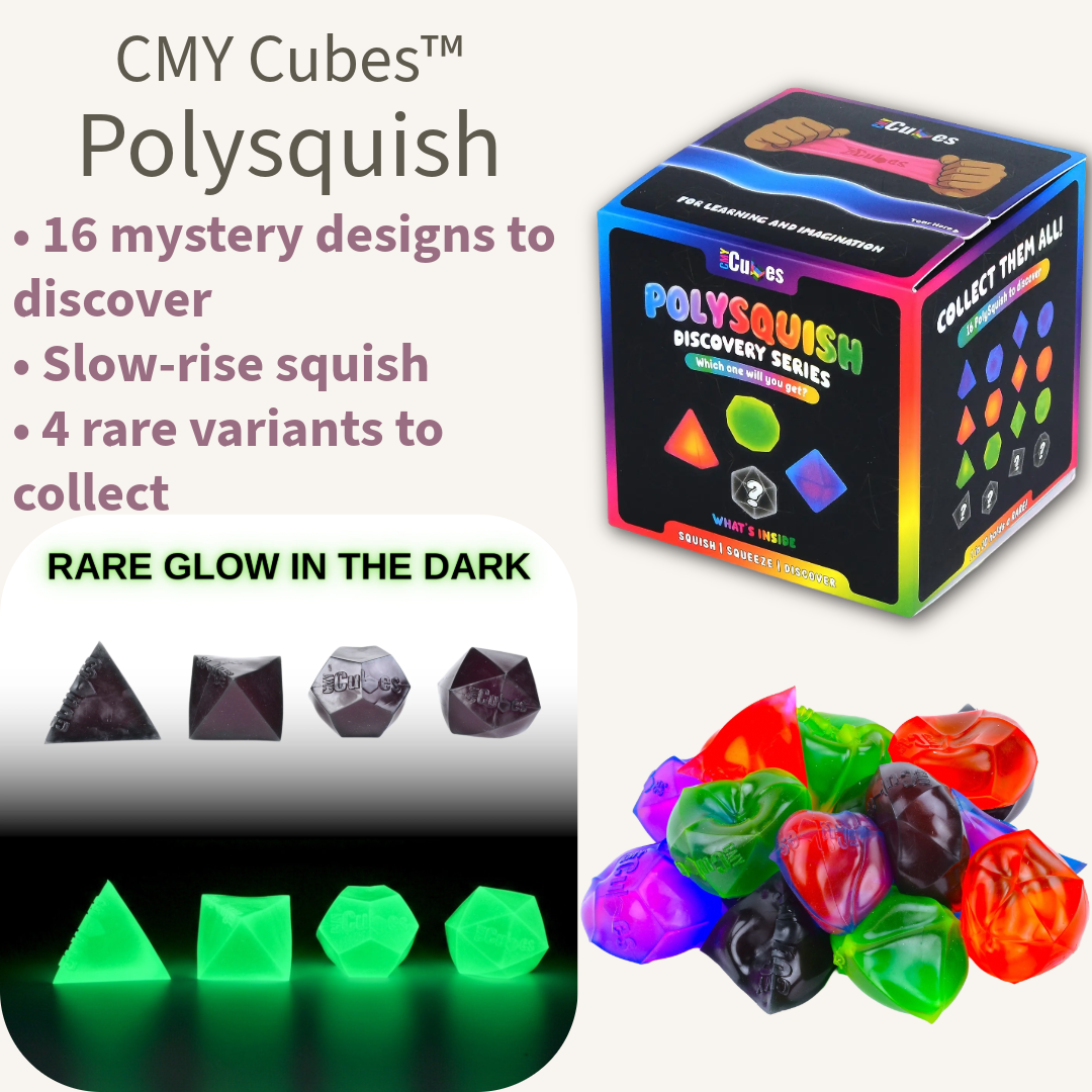 CMY Cubes™ PolySquish Discovery Series infographic showing 16 mystery designs, 4 rare glow-in-the-dark variants, slow-rise squish, mystery box packaging, and collectible geometric sensory toys.